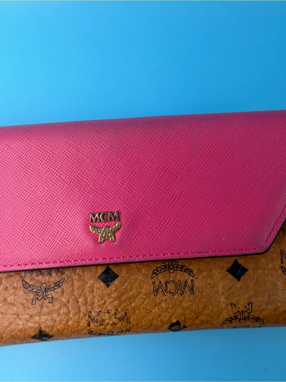 Mcm Visetos Leather Long Envelope Flap Wallet Hot Pink Card Slots Zipper